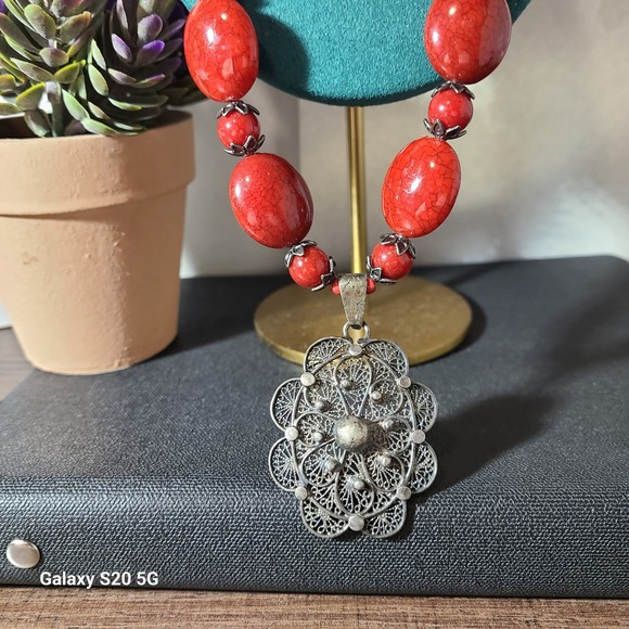 Red Beaded Statement Necklace Floral Pendant Silver Tone Bohemian Jewelry NWOT‎ - Picture 2 of 6